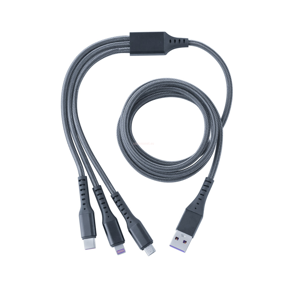 Рекламен USB кабел за зареждане с 3 накрайника съвместим с iphone и android